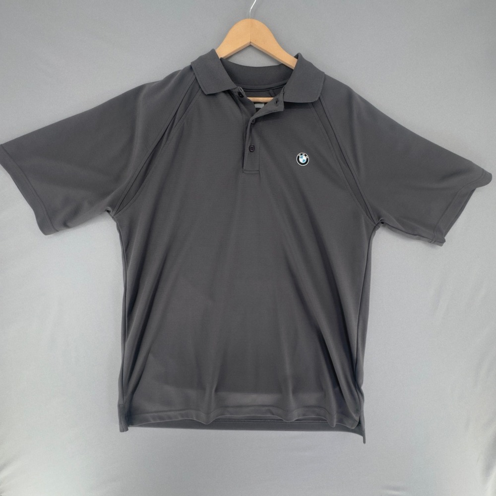 BMW Mens Polo Shirt Gray Short Sleeve Logo Performance Golf Top Size Large 85093